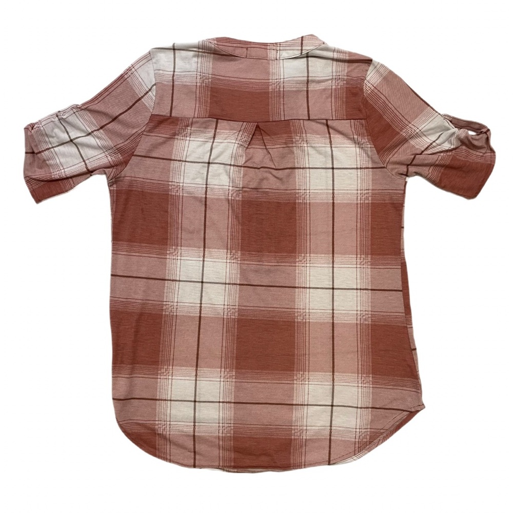 Blue Mood Plaid Quarter Zip Tunic Blouse Mauve Brown Beige M Roll Tab Sleeve Top - Picture 5 of 6